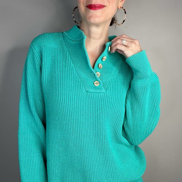 Vintage Sweaters - Vintage 90s button henley pullover sweater chunky knit grandpa cotton teal green